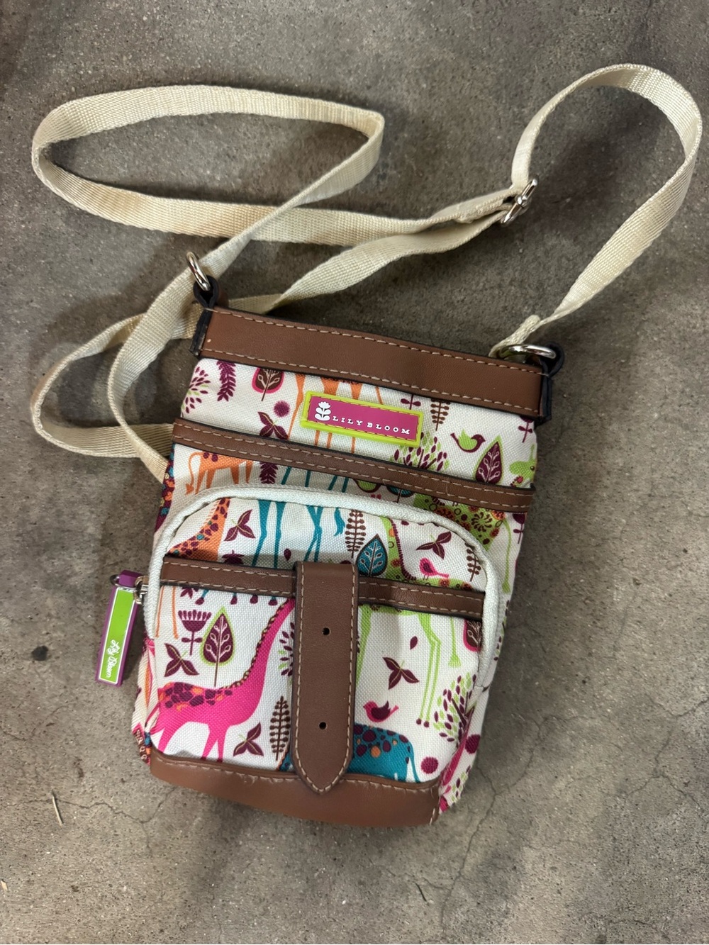 Lily Bloom Multicolor Dino Print Crossbody with Brown Trim